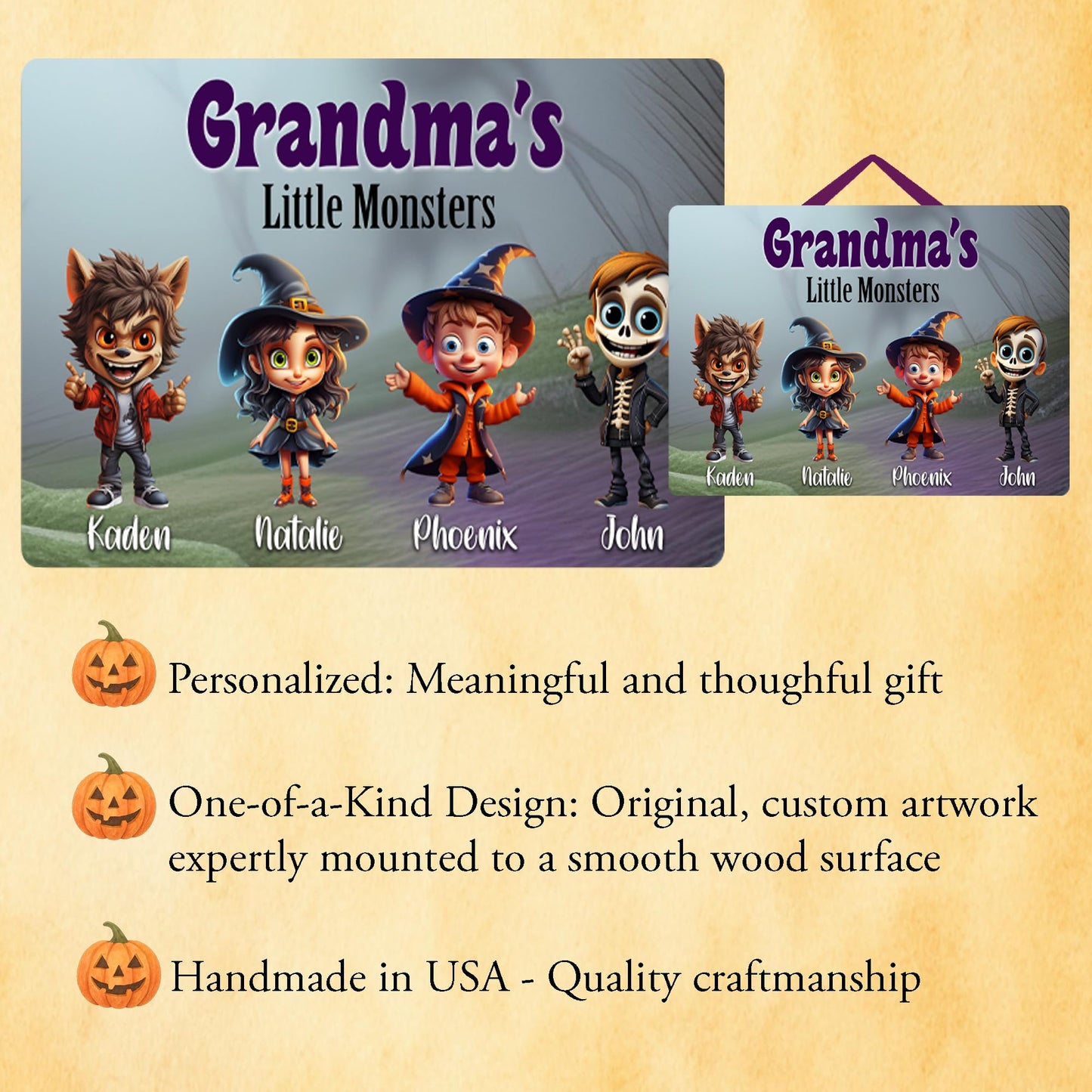 Personalized Grandma's Little Monsters Halloween Sign - Custom Grandkids Wood Wall Plaque with Names - Handcrafted Home Decor Autumn Fall Decorations Customized Unique Family Grandparent Gift