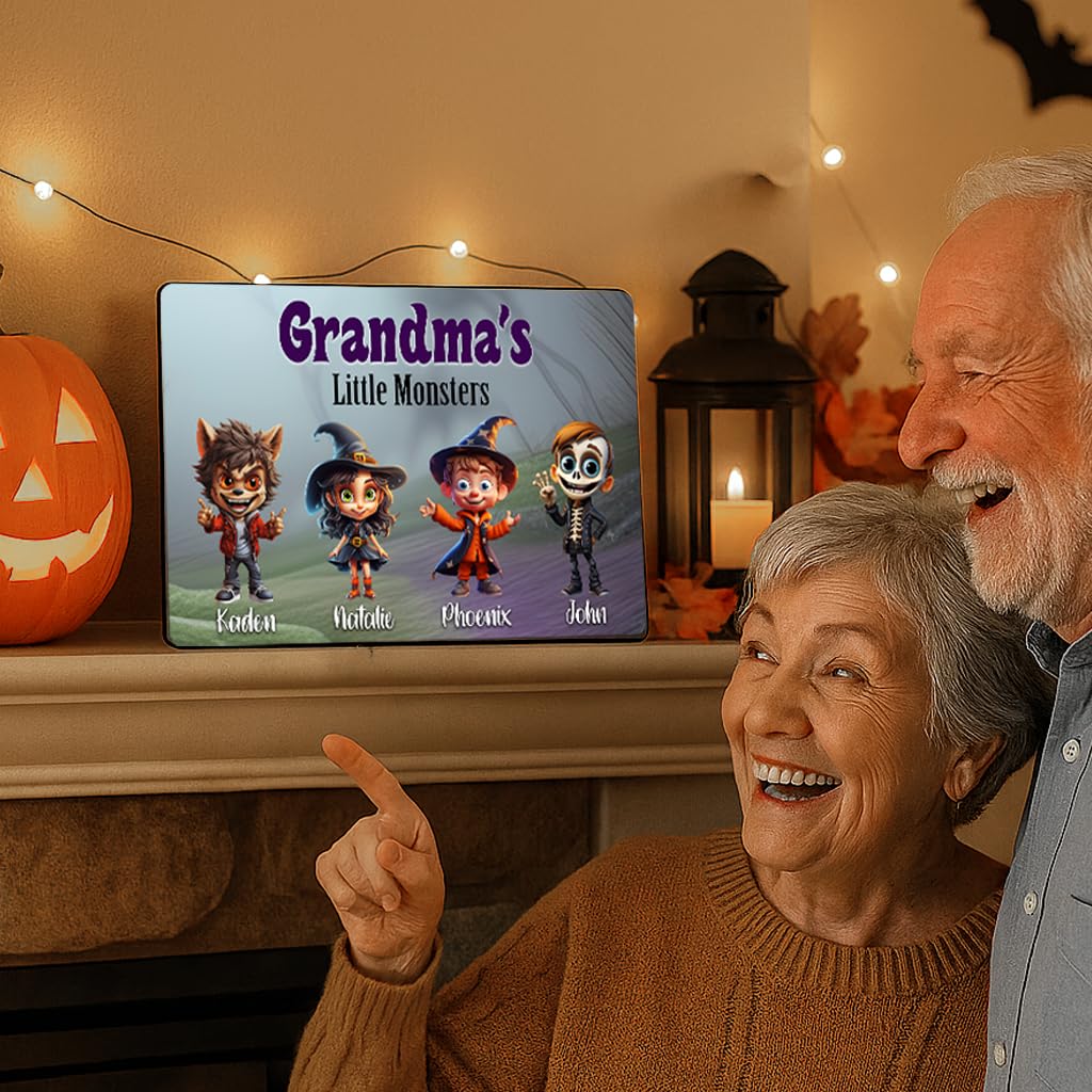 Personalized Grandma's Little Monsters Halloween Sign - Custom Grandkids Wood Wall Plaque with Names - Handcrafted Home Decor Autumn Fall Decorations Customized Unique Family Grandparent Gift