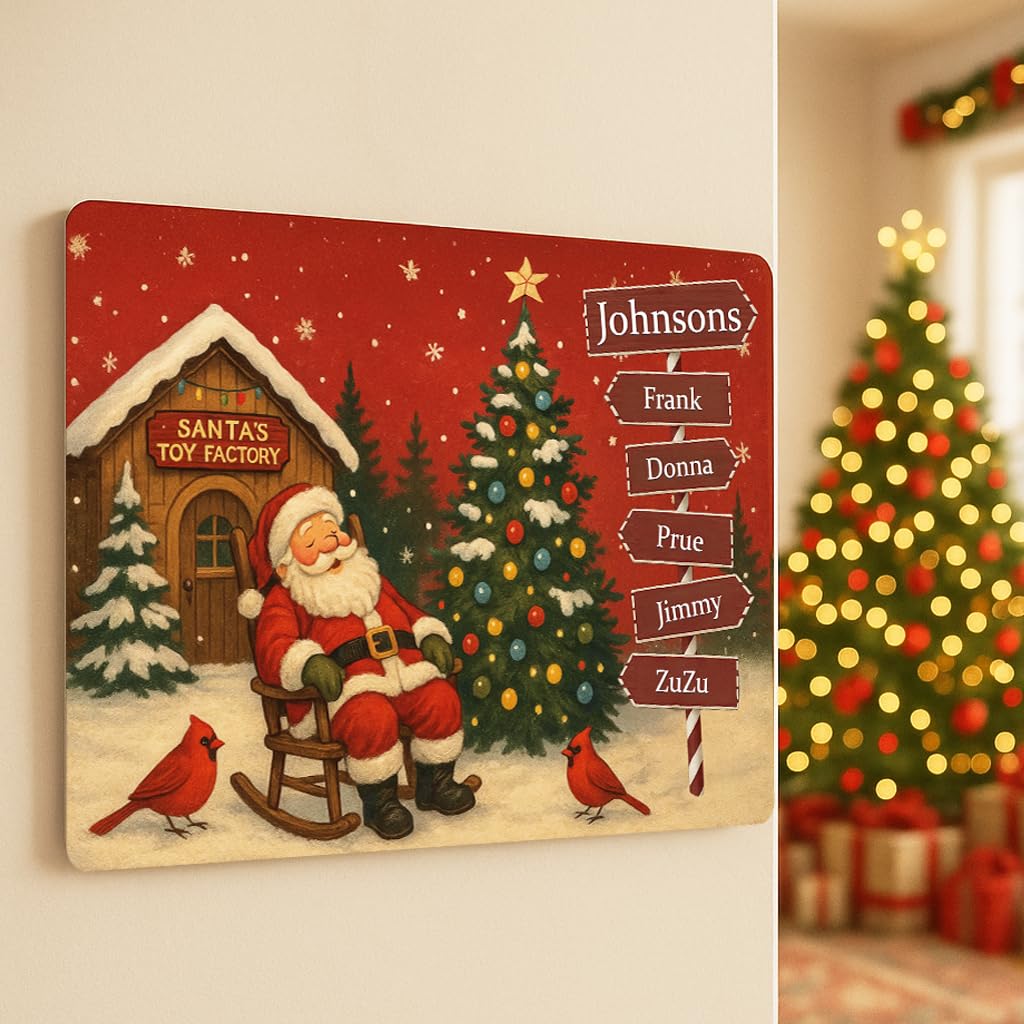 Personalized Sleeping Santa Family Sign | Custom Christmas Signpost