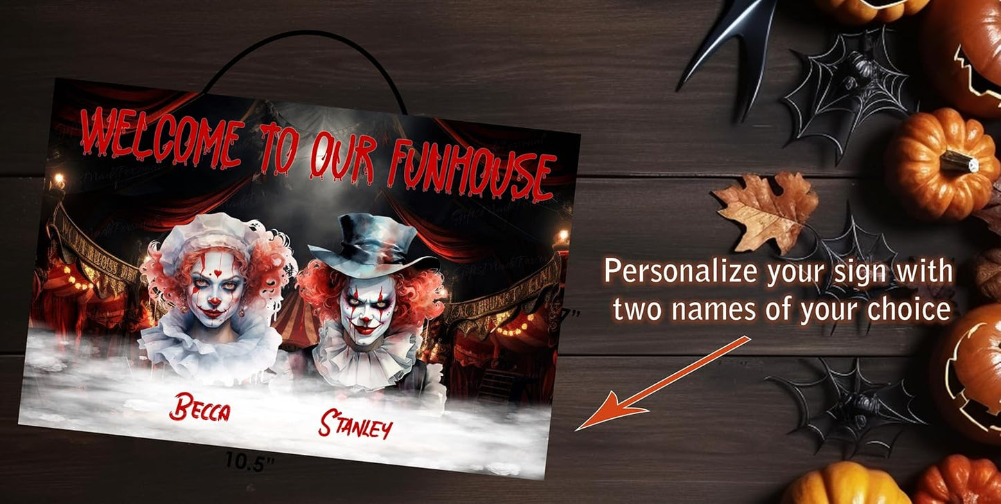 Personalized Halloween Sign - Creepy Clown Couple | Spooky Decor | Haunted House Sign