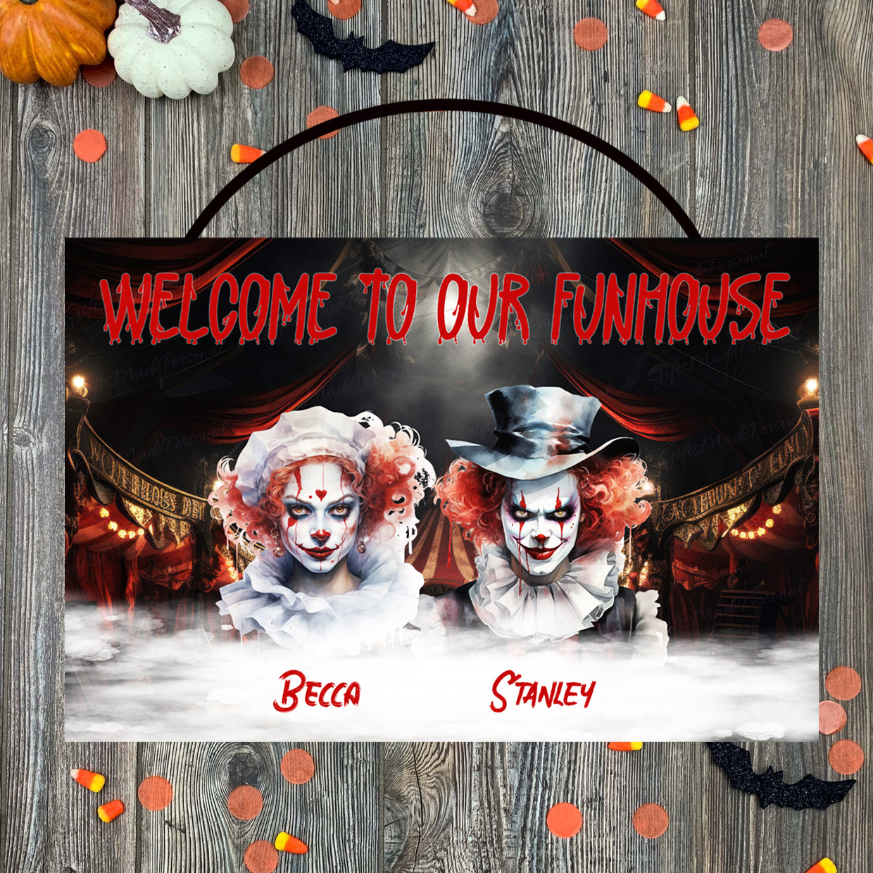 Personalized Halloween Sign - Creepy Clown Couple | Spooky Decor | Haunted House Sign