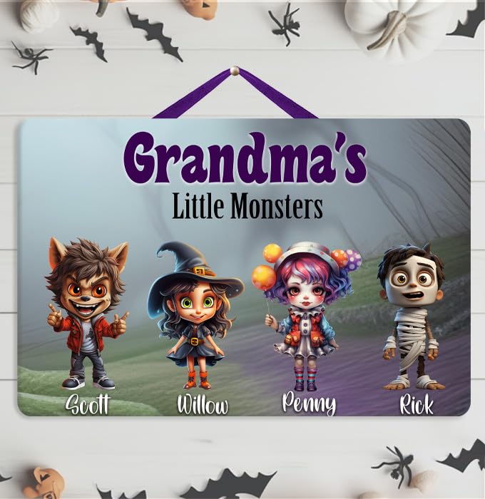 Personalized Grandma's Little Monsters Halloween Sign - Custom Grandkids Wood Wall Plaque with Names - Handcrafted Home Decor Autumn Fall Decorations Customized Unique Family Grandparent Gift