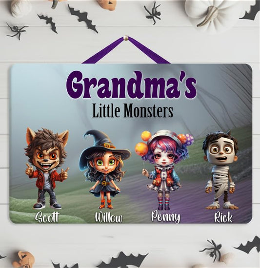 Personalized Grandma's Little Monsters Halloween Sign - Custom Grandkids Wood Wall Plaque with Names - Handcrafted Home Decor Autumn Fall Decorations Customized Unique Family Grandparent Gift