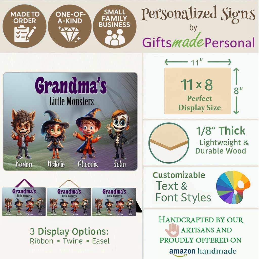Personalized Grandma's Little Monsters Halloween Sign - Custom Grandkids Wood Wall Plaque with Names - Handcrafted Home Decor Autumn Fall Decorations Customized Unique Family Grandparent Gift