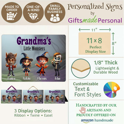 Personalized Grandma's Little Monsters Halloween Sign - Custom Grandkids Wood Wall Plaque with Names - Handcrafted Home Decor Autumn Fall Decorations Customized Unique Family Grandparent Gift