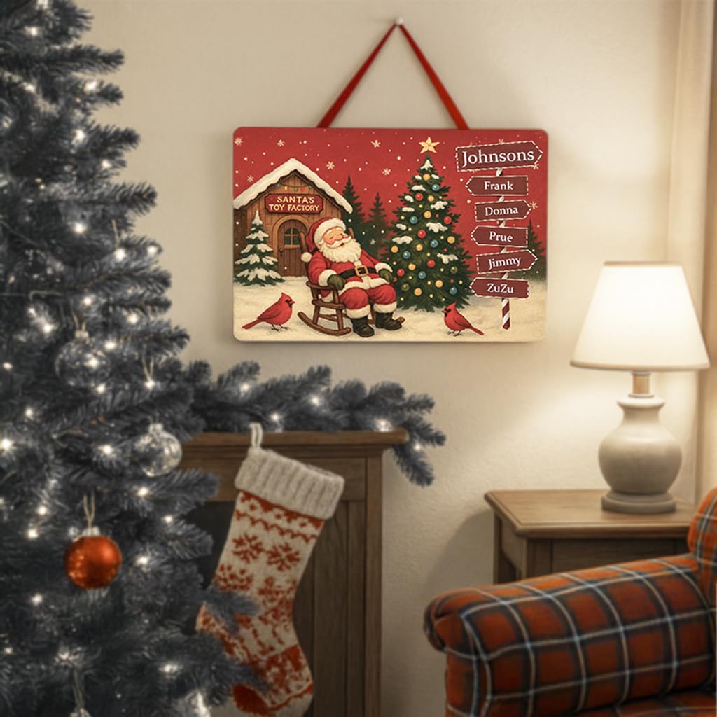 Personalized Sleeping Santa Family Sign | Custom Christmas Signpost